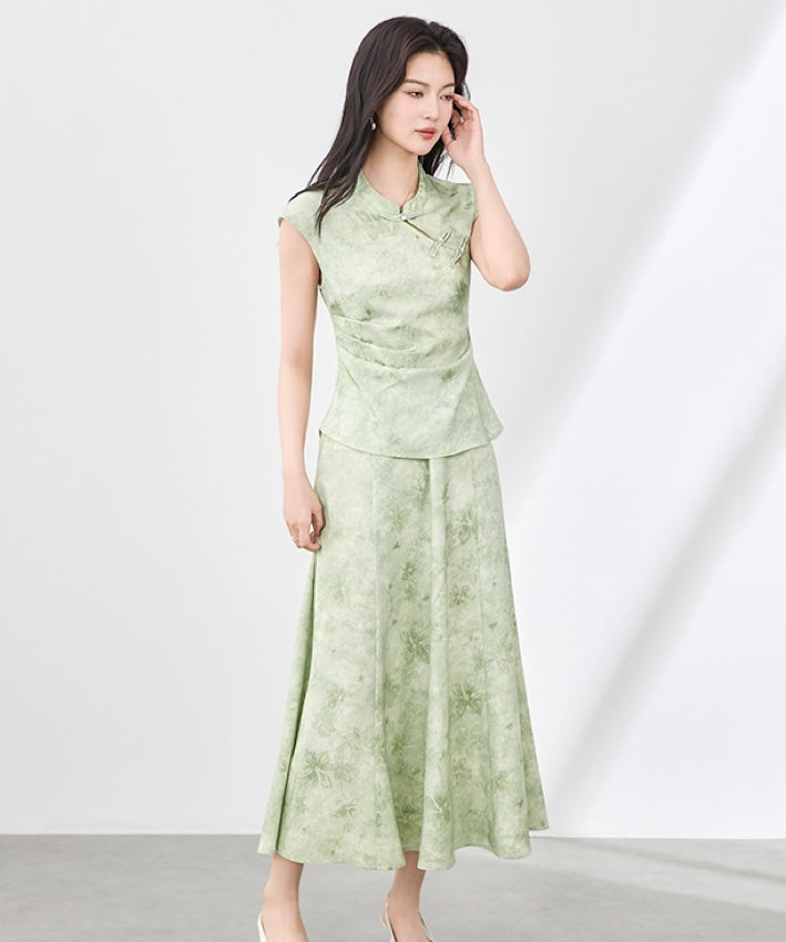 Green Mist Oriental Top + Skirt Set