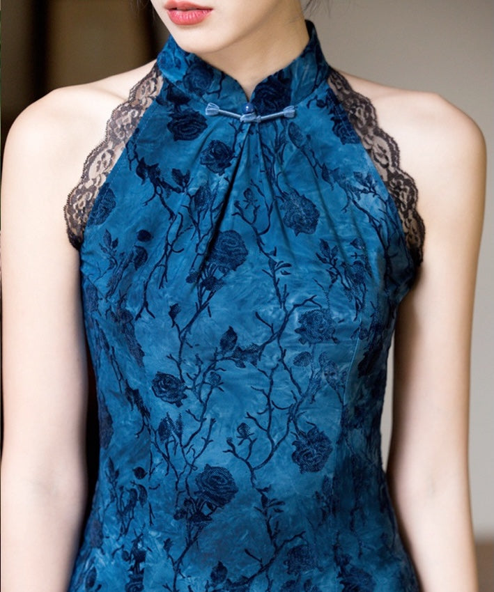 Lace Trimmed Blue Cheongsam