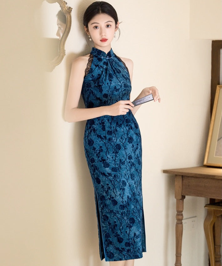 Lace Trimmed Blue Cheongsam