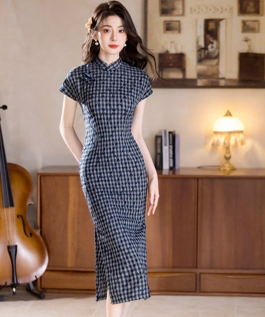 Cielle Navy Plaid Cheongsam