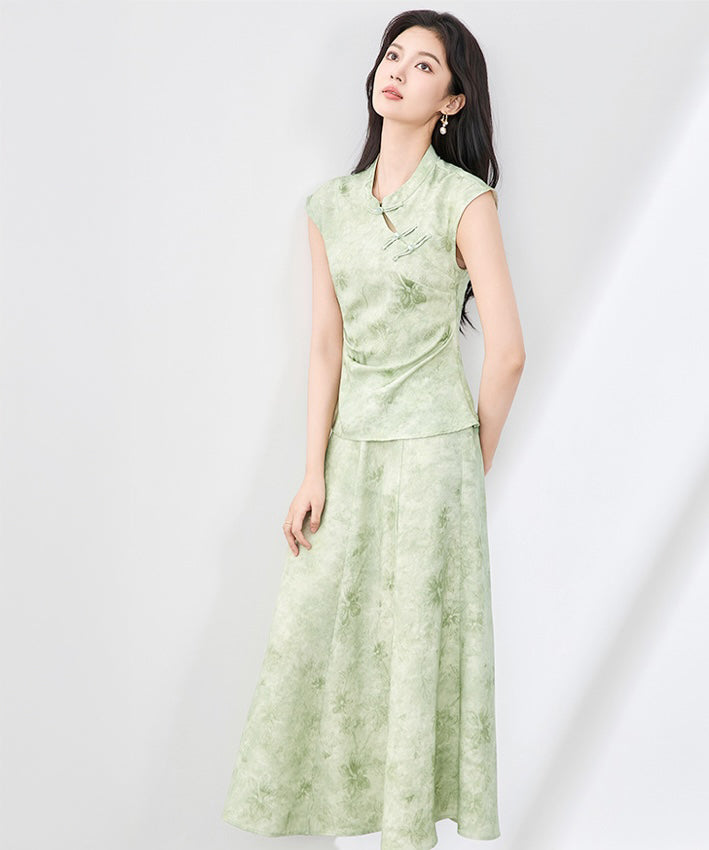 Green Mist Oriental Top + Skirt Set