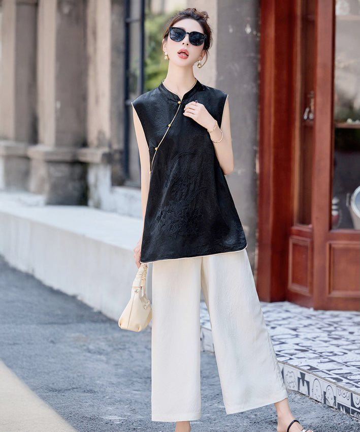 Maya Black Jacquard Oriental Vest Pants Set