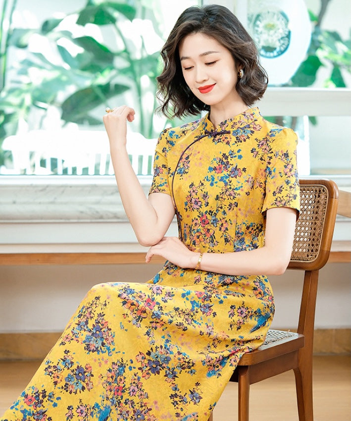 阳光花卉优雅旗袍连衣裙