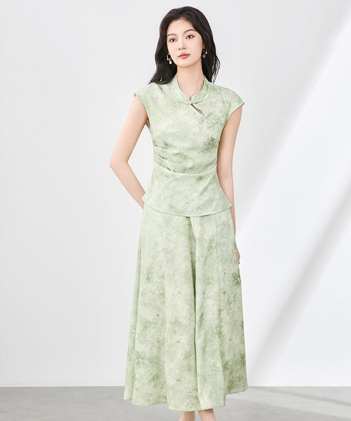 Green Mist Oriental Top + Skirt Set