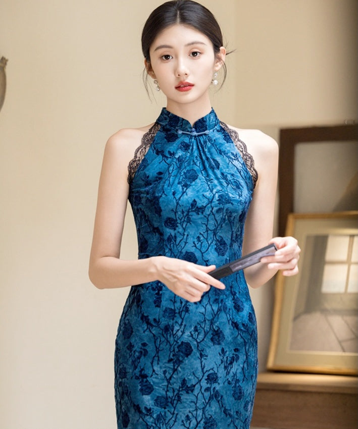 Lace Trimmed Blue Cheongsam
