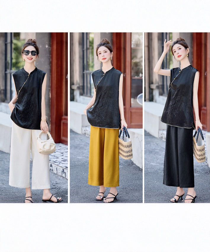 Maya Black Jacquard Oriental Vest Pants Set