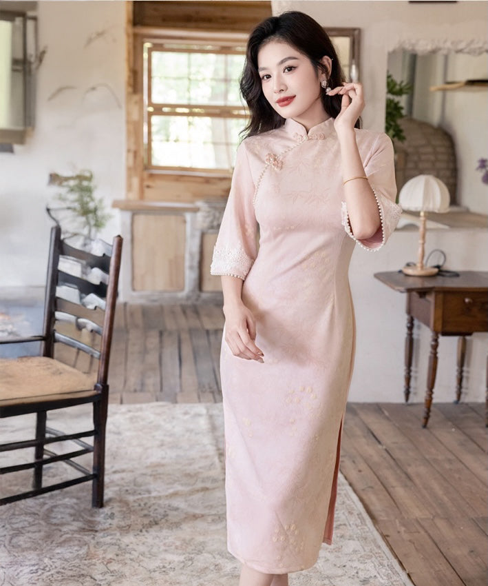 Lili Pink Mid-Sleeves Cheongsam