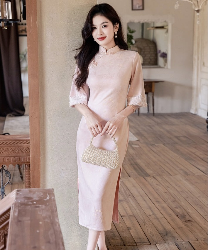 Lili Pink Mid-Sleeves Cheongsam
