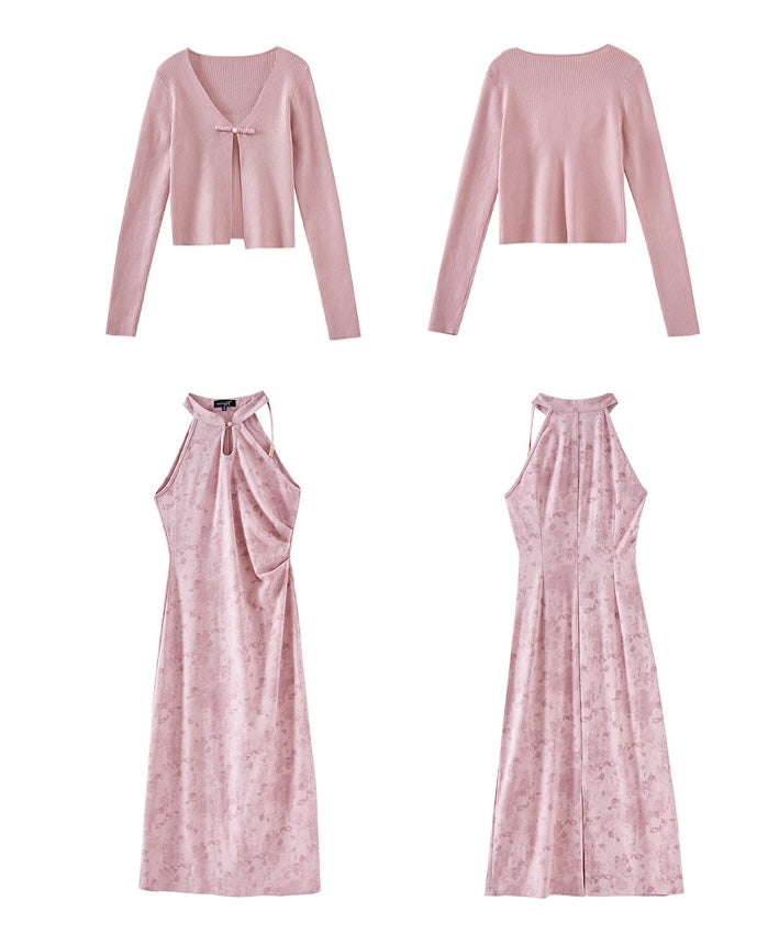 Riri's Pink Halterneck Cheongsam + Cardigan Set