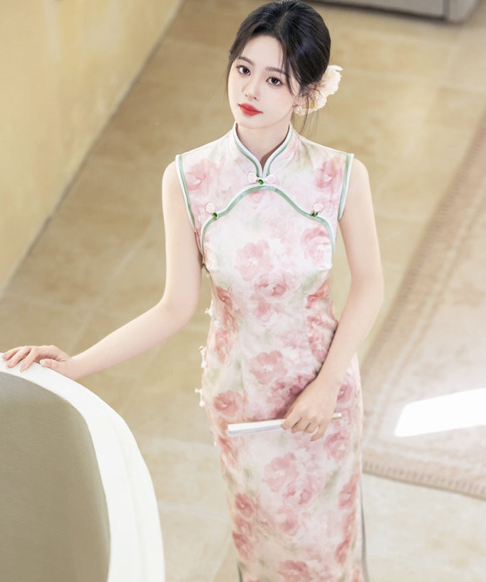 胭粉牡丹真丝旗袍