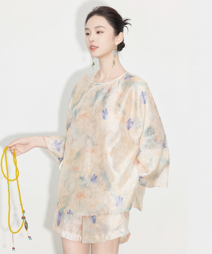 Mist Petal Ensemble Cheongsam Top Shorts Set