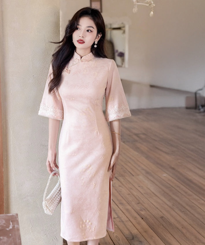 Lili Pink Mid-Sleeves Cheongsam