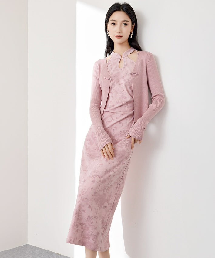 Riri's Pink Halterneck Cheongsam + Cardigan Set