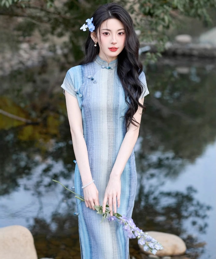 Blue and White Striped Cheongsam