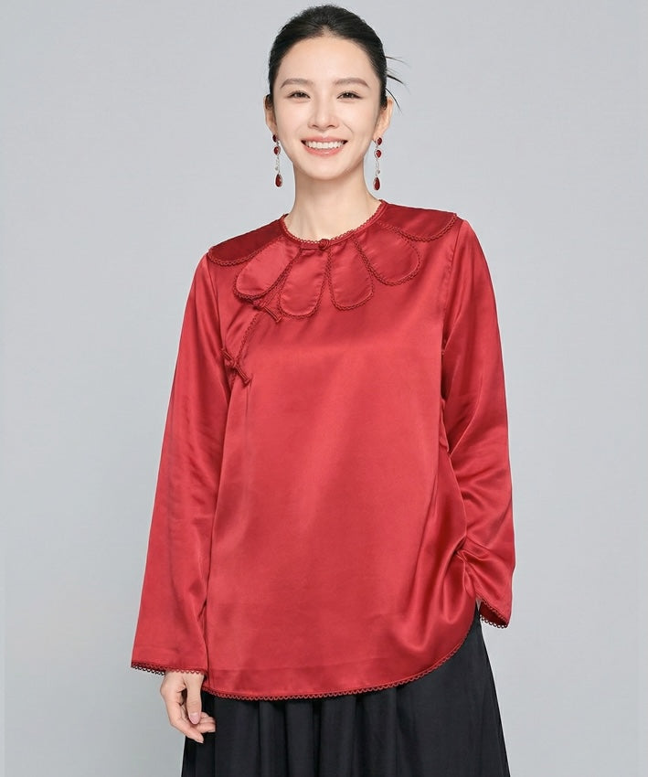 Scarlet Petal-Collar Cheongsam Blouse