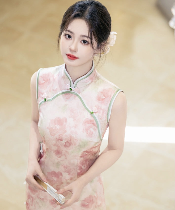 胭粉牡丹真丝旗袍