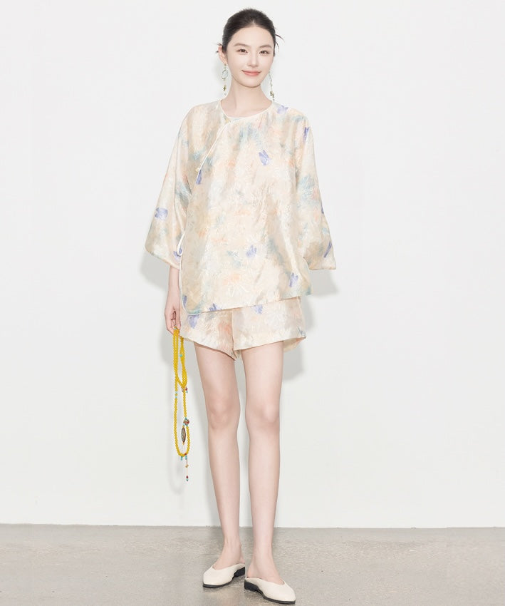 Mist Petal Ensemble Cheongsam Top Shorts Set