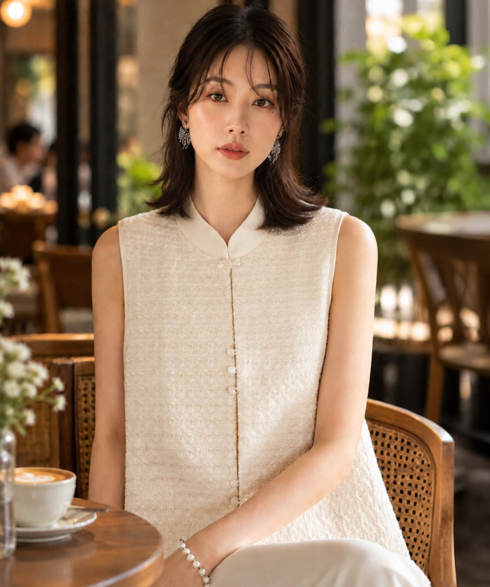 パール織りのチャイナドレス風ノースリーブトップ