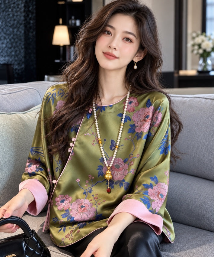 橄榄牡丹真丝衬衫