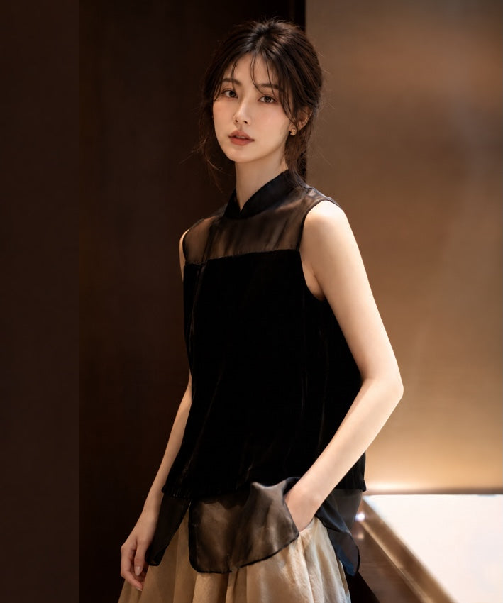 Black Velvet Sheer Panel Cheongsam Top