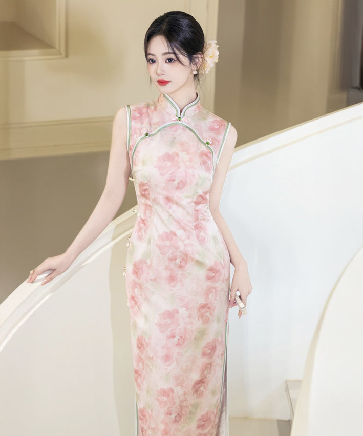 胭粉牡丹真丝旗袍