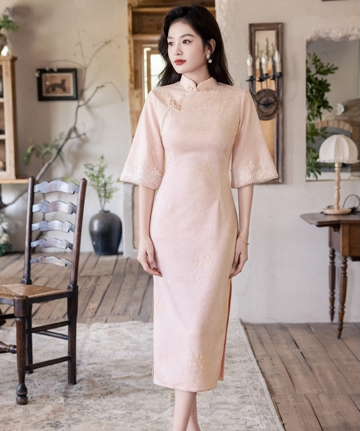 Lili Pink Mid-Sleeves Cheongsam