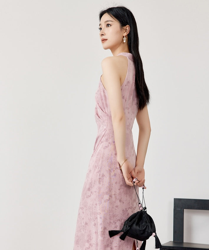Riri's Pink Halterneck Cheongsam + Cardigan Set