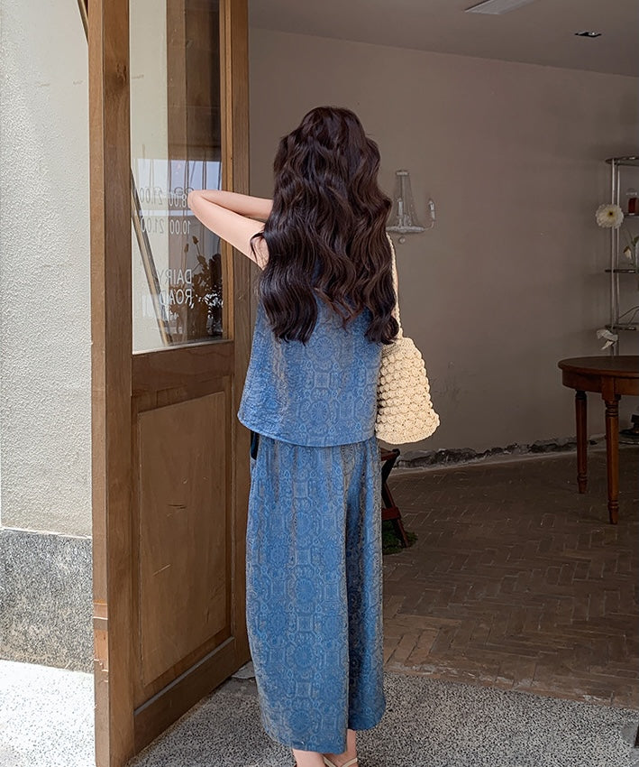 Blue Brocade Oriental Top & Wide-Leg Pants Set