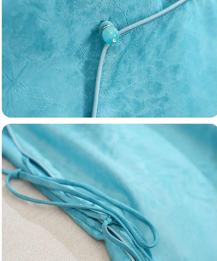 Lake Blue Wrap Top Silk Cheongsam Set