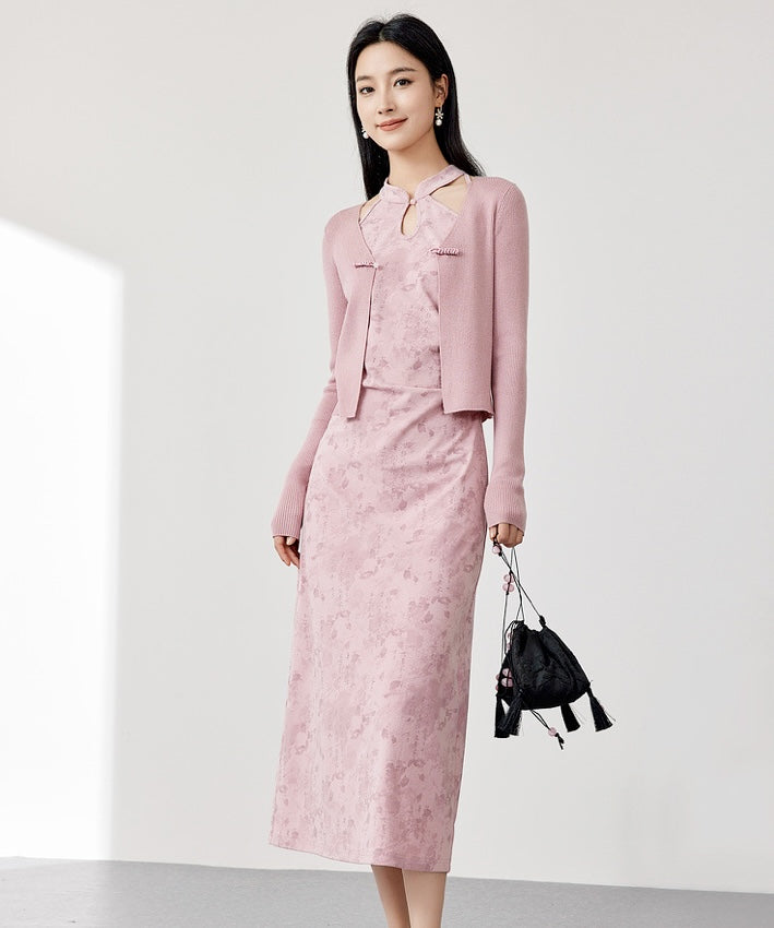 Riri's Pink Halterneck Cheongsam + Cardigan Set