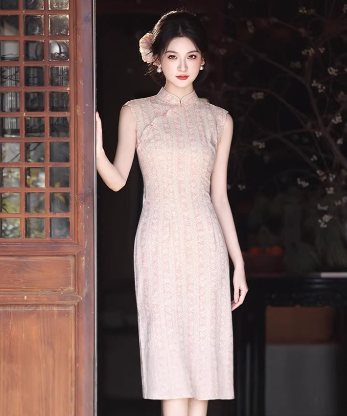 Dusty Pink Floral Stripe Cheongsam