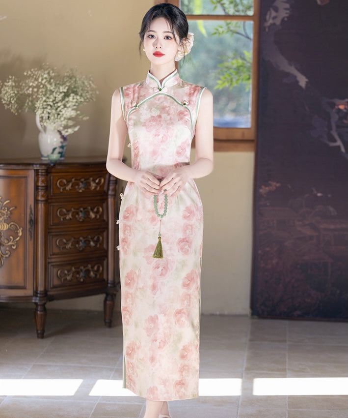 胭粉牡丹真丝旗袍