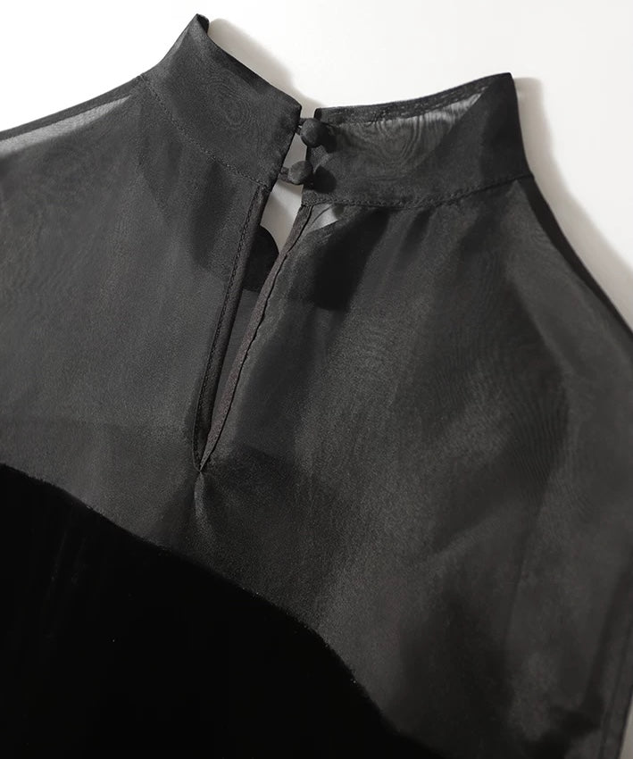 Black Velvet Sheer Panel Cheongsam Top
