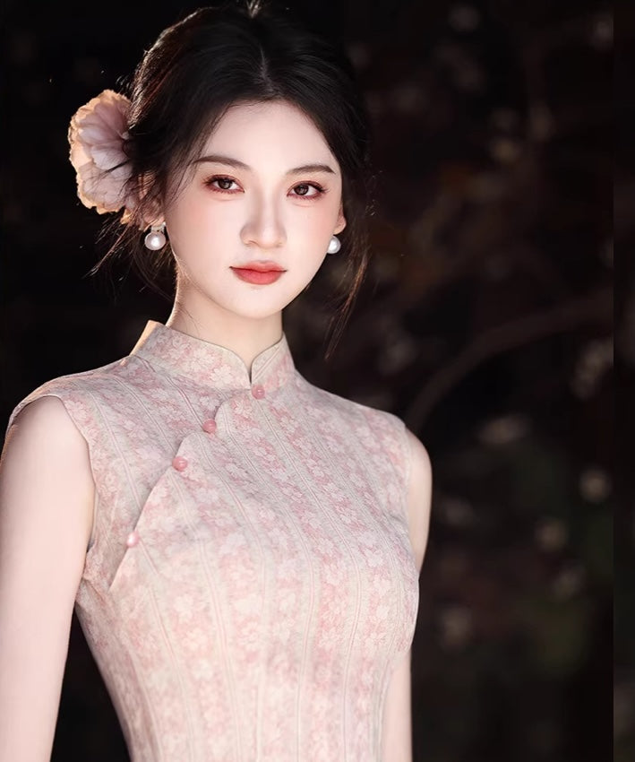 Dusty Pink Floral Stripe Cheongsam