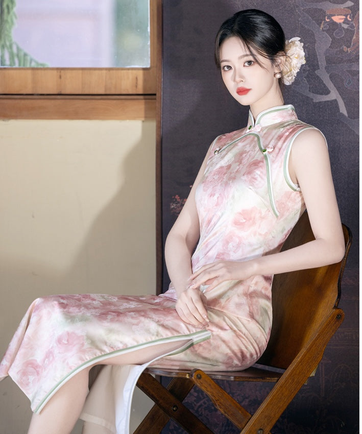 胭粉牡丹真丝旗袍