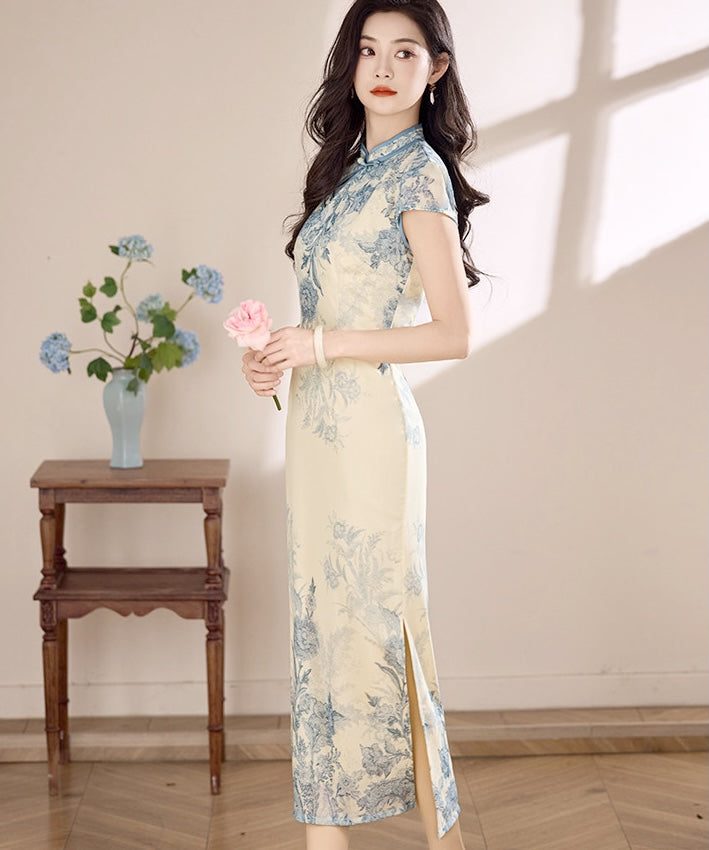 Azure Porcelain Bloom Cheongsam Dress
