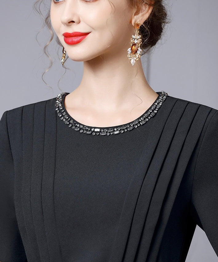 Celeste Beaded Neckline Black Midi Dress