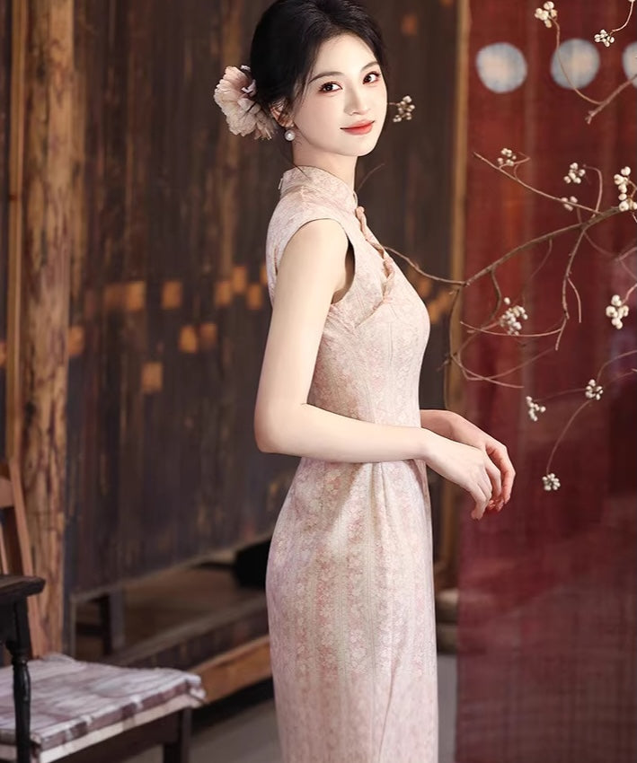 Dusty Pink Floral Stripe Cheongsam