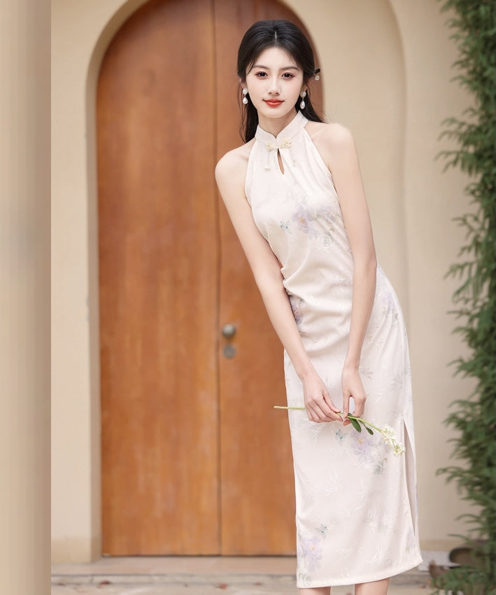 象牙白花朵挂脖旗袍