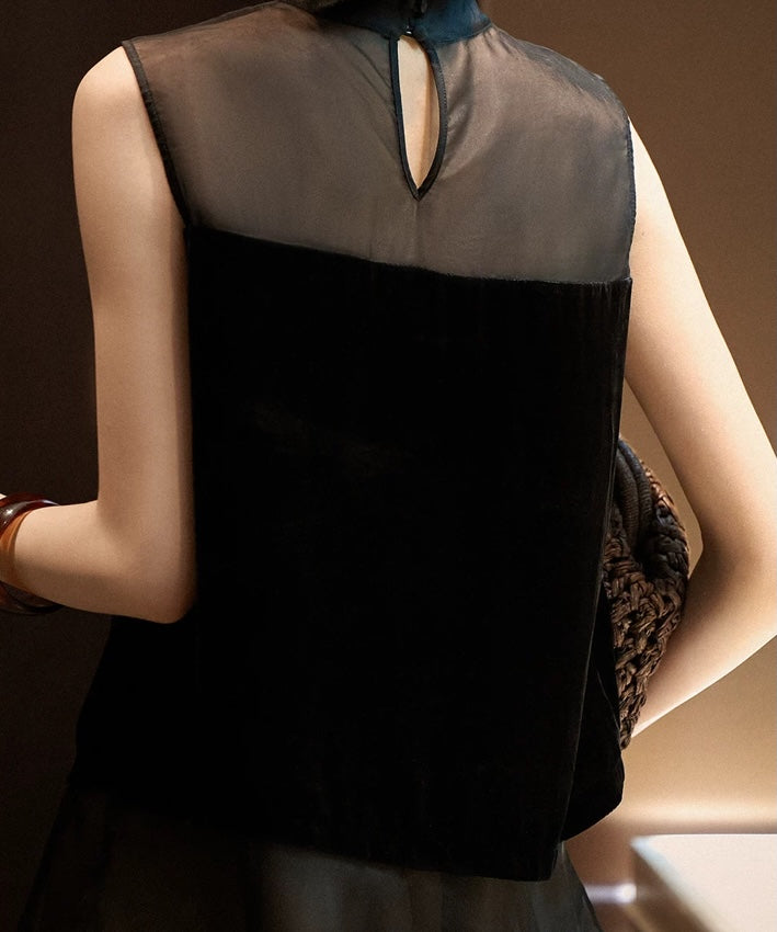 Black Velvet Sheer Panel Cheongsam Top