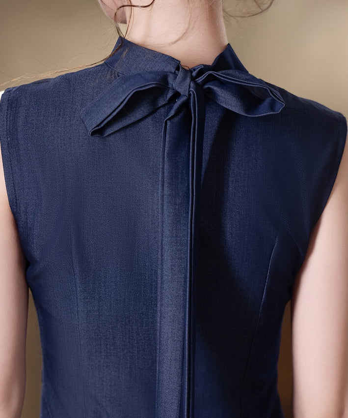 Navy Blue Bow Collar Modern Cheongsam