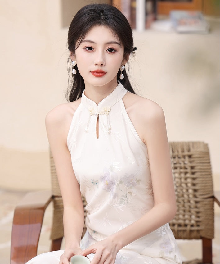 象牙白花朵挂脖旗袍