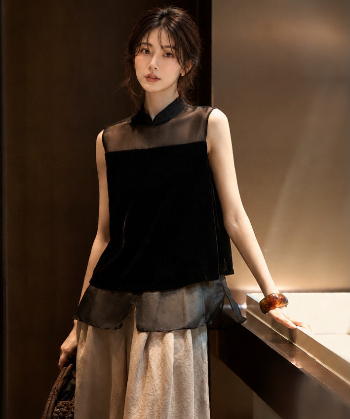 Black Velvet Sheer Panel Cheongsam Top