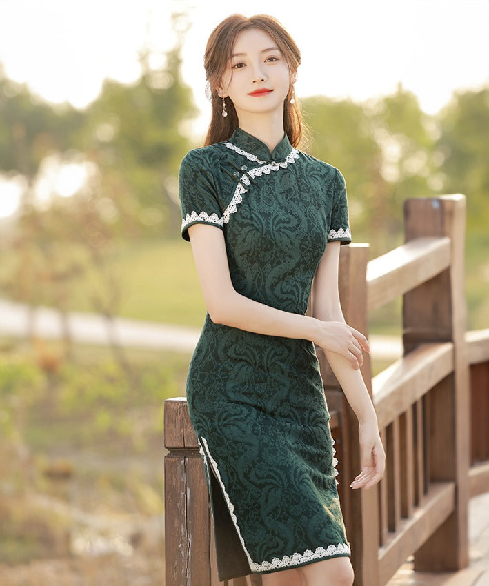 Olive Lace-Trimmer Short Cheongsam