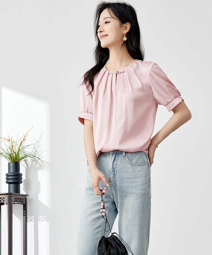 Laura's Pink Short Sleeve Oriental Blouse