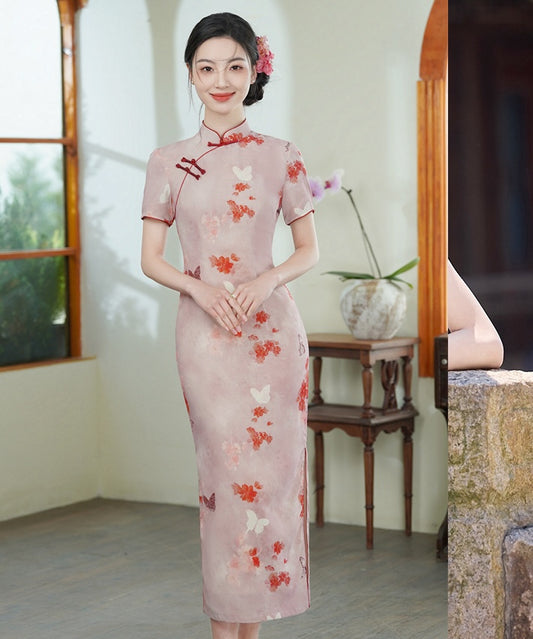 Butterfly Print Maxi Cheongsam