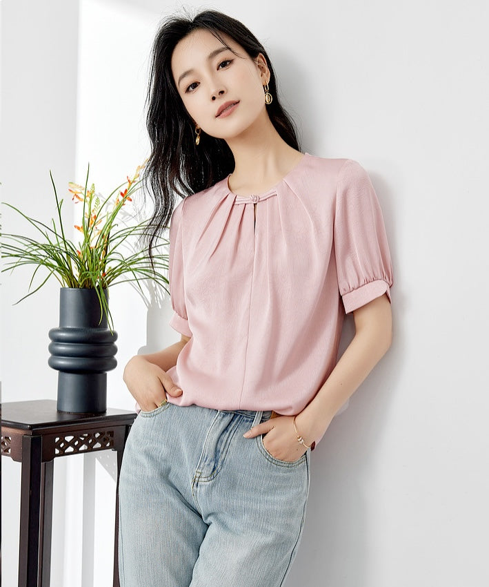Laura's Pink Short Sleeve Oriental Blouse