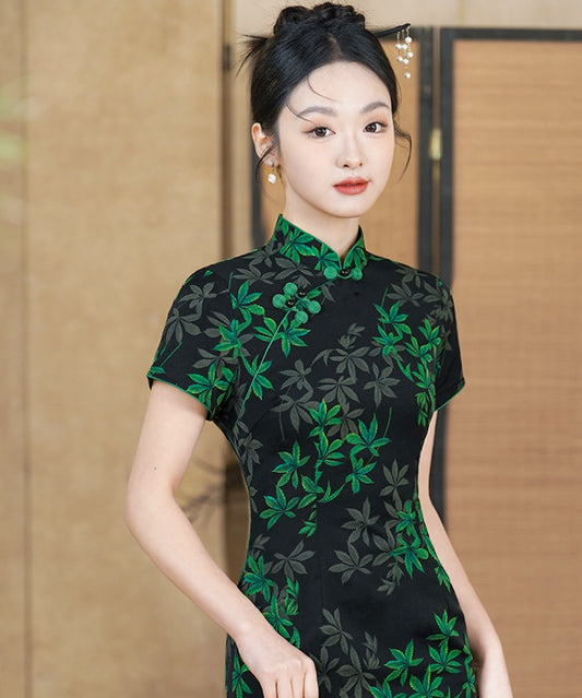 Minty Black Green Leaves Cheongsam