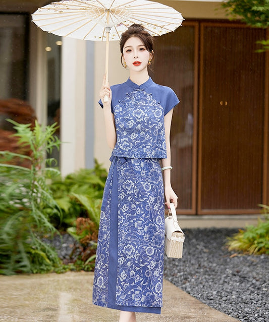Blue Pea-Ivy Cheongsam Set