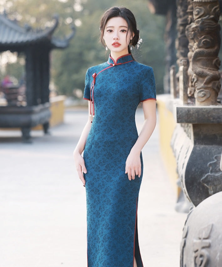 Sally Navy Red Trim Cheongsam